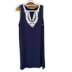 Swimsuit Coverup Navy Blue and White Embroidered  Plus Size  ? XL + Stretch